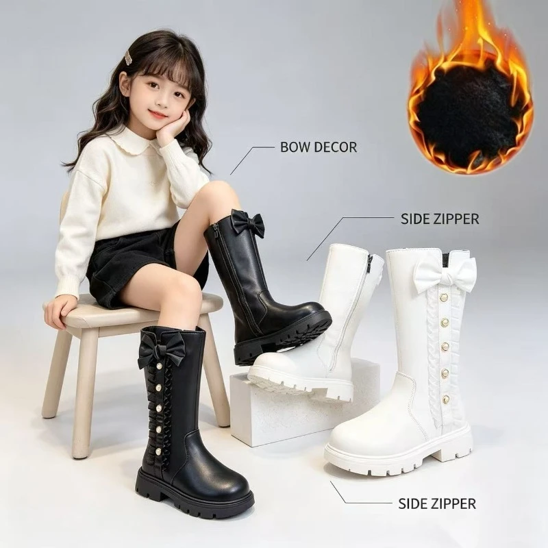 Girls Fleece Lined Fashion Boots Beige Fleece Lined Thickened Kids Knee High Boots Bow Pearl Soft Children's High Boots Shoes