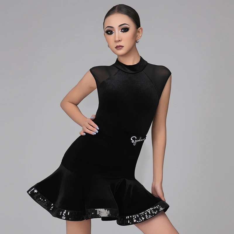 Women Latin Dance Performance Clothes Velvet Tops Sequin Skirt Adult Latin Dance Wear Competition Dress Rumba Dance Dress V22067