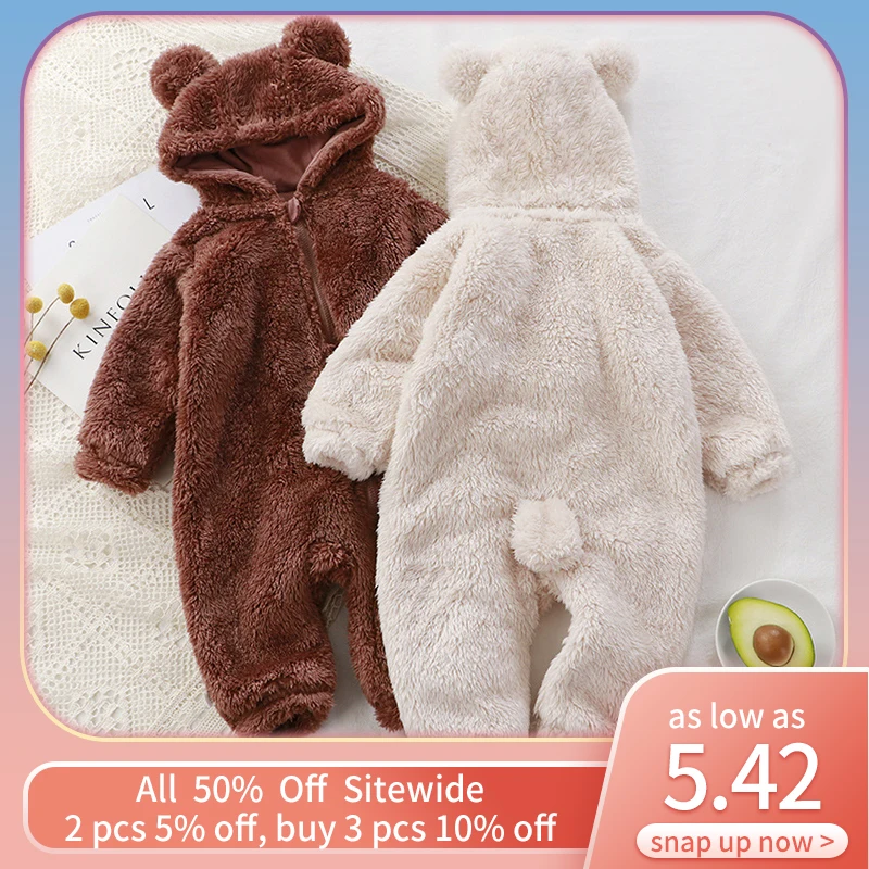 Cute Bear Baby Plush Romper Winter Warm Infant Overall Jumpsuit Thick Velvet Overcoat Newborn Hooded Zipper 0-1Year Kids Clothes