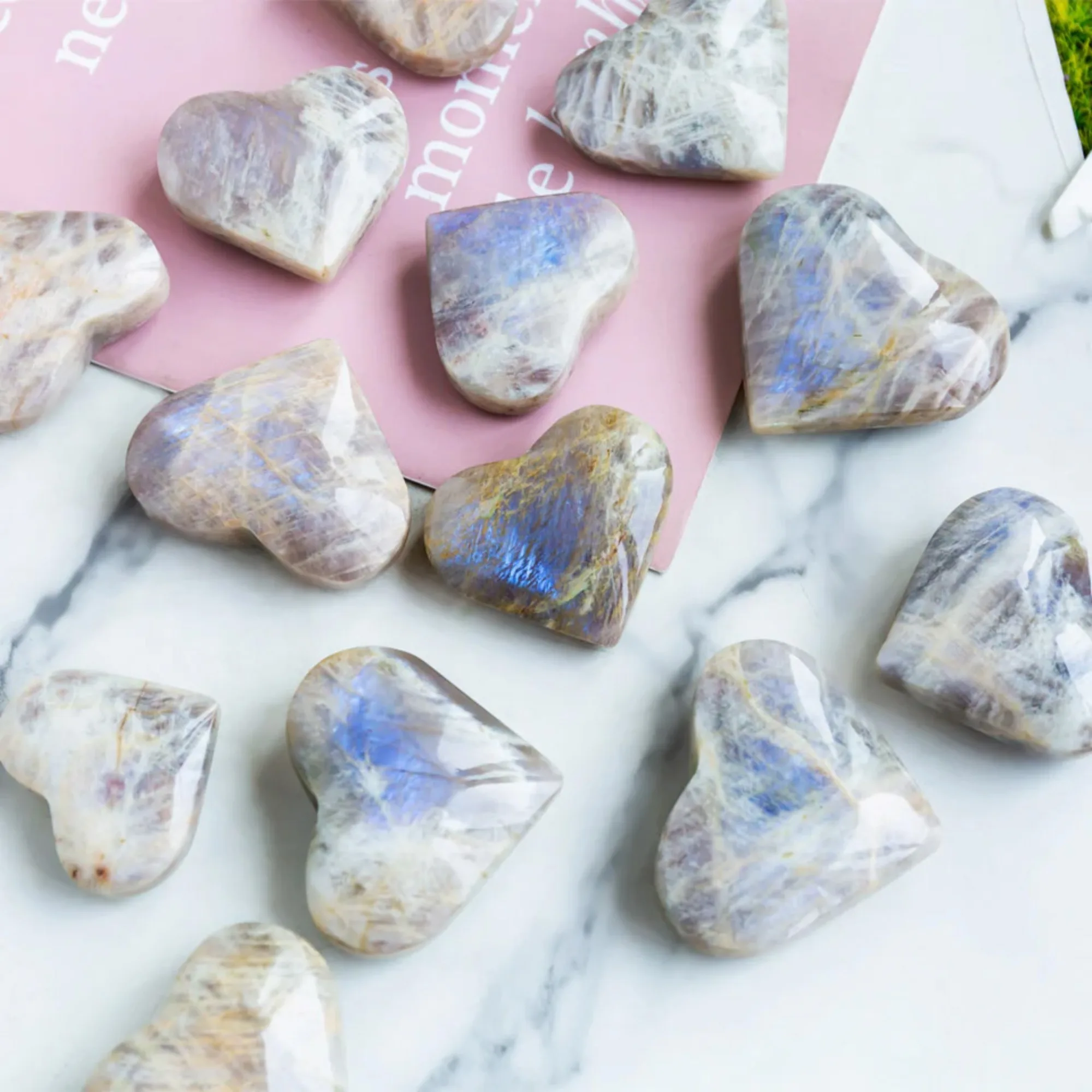 1pc Blue Moonstone Hand Carved Heart, Crystal Quartz love, Radiant Crystal Carving Palm Stone, Home Decor, Crystal Gifts