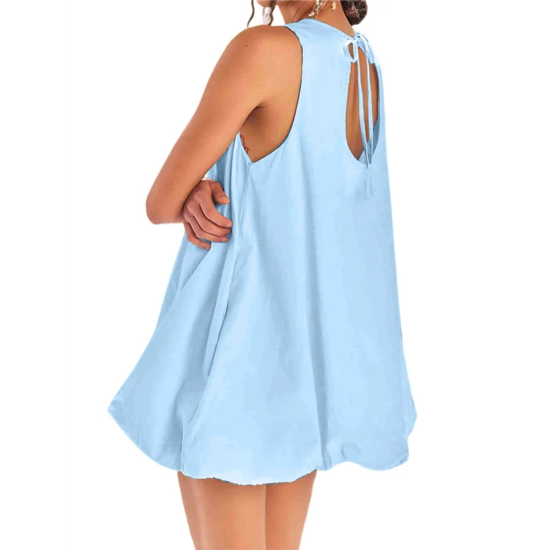 Mini-jurk voor dames zomer mouwloos sleutelgat stropdas terug tank korte jurk ronde hals zonnejurk met zakken-A55G