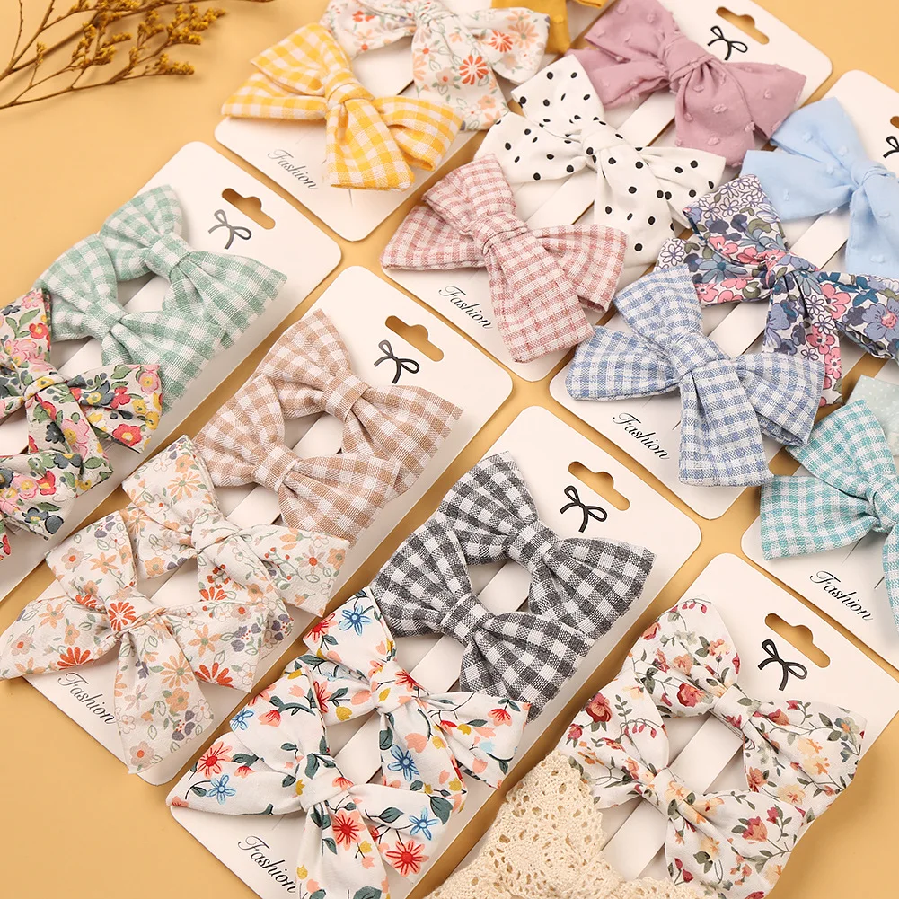 4Pcs/Set Solid Floral Print Bows Hairpins Hairclip for Kids Muslin Cotton Linen Barrette Flower Side Baby Girl Hair Accessories