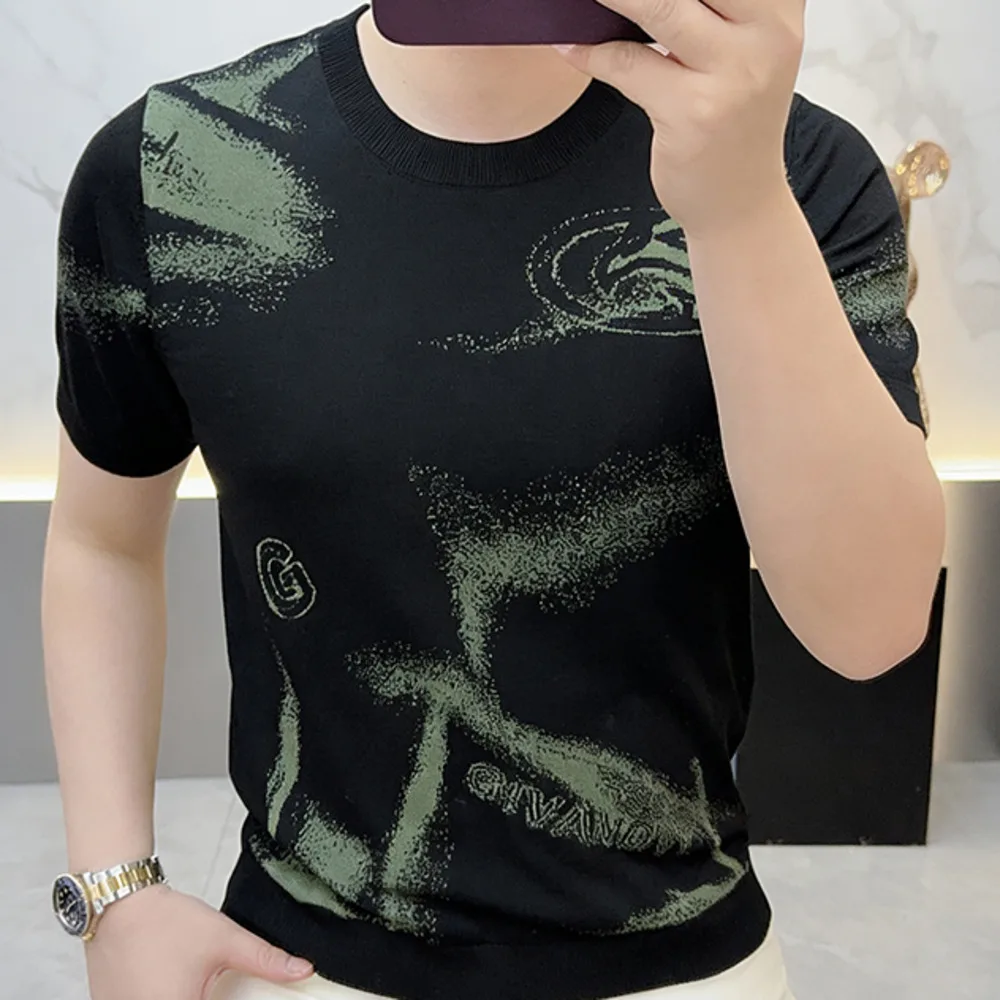 Ouyao 068-P60-2026 Summer High-end Collared Knit Short-sleeve T-shirt for Men, Light Luxury Men's Clothing 3.23