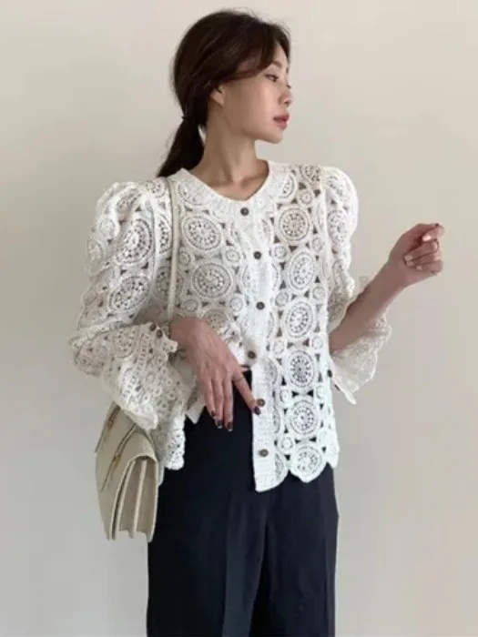 Chic Vintage Ethnic Sle round Ne Hollow out Long Sve Knitted Open Cardigan Women's Faion Spring n Loose Fit