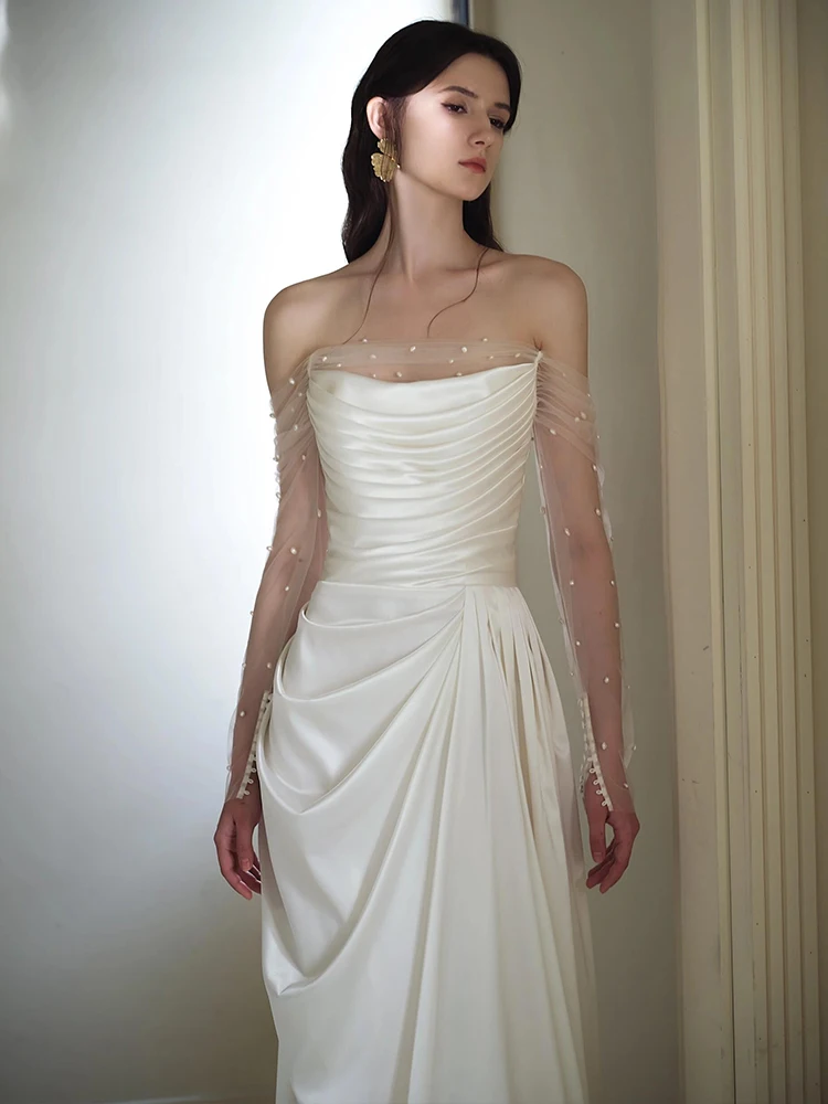 

Ele Satin Wedding Dr One oulder Long Sve Bridal Gown for Autumn Winter Simple High-End Feelings Guest Outfits