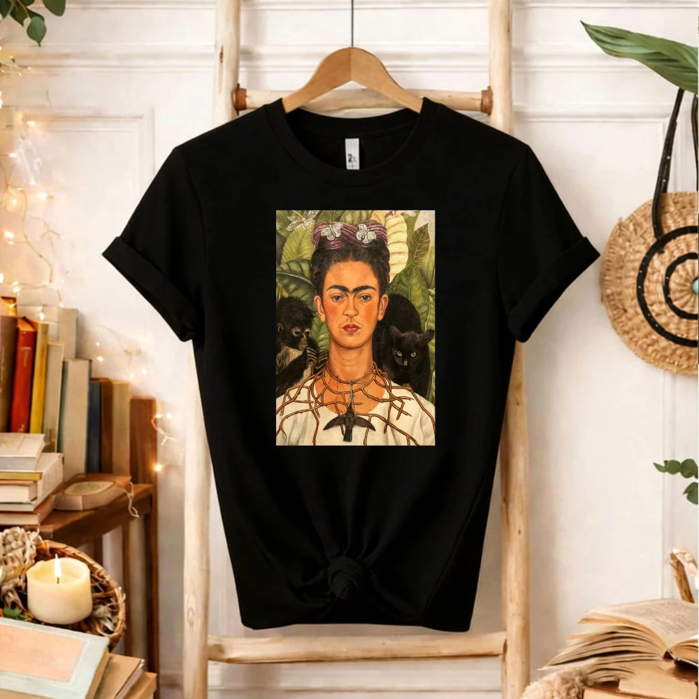 Frida Kahlo T-Shirt für Damen, Selbstporträt mit Affe und Katze, Grafik-T-Shirt, Vintage-Stil, mexikanische Künstlerin, lässige, kurzärmlige Baumwolloberteile