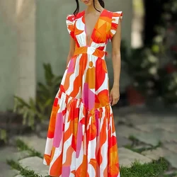 Wefads Long Dress Women Summer Casual Printed V Neck Butterfly Flying Sleeve Backless Lace Up Nipped Waist Slim Maxi Dresses