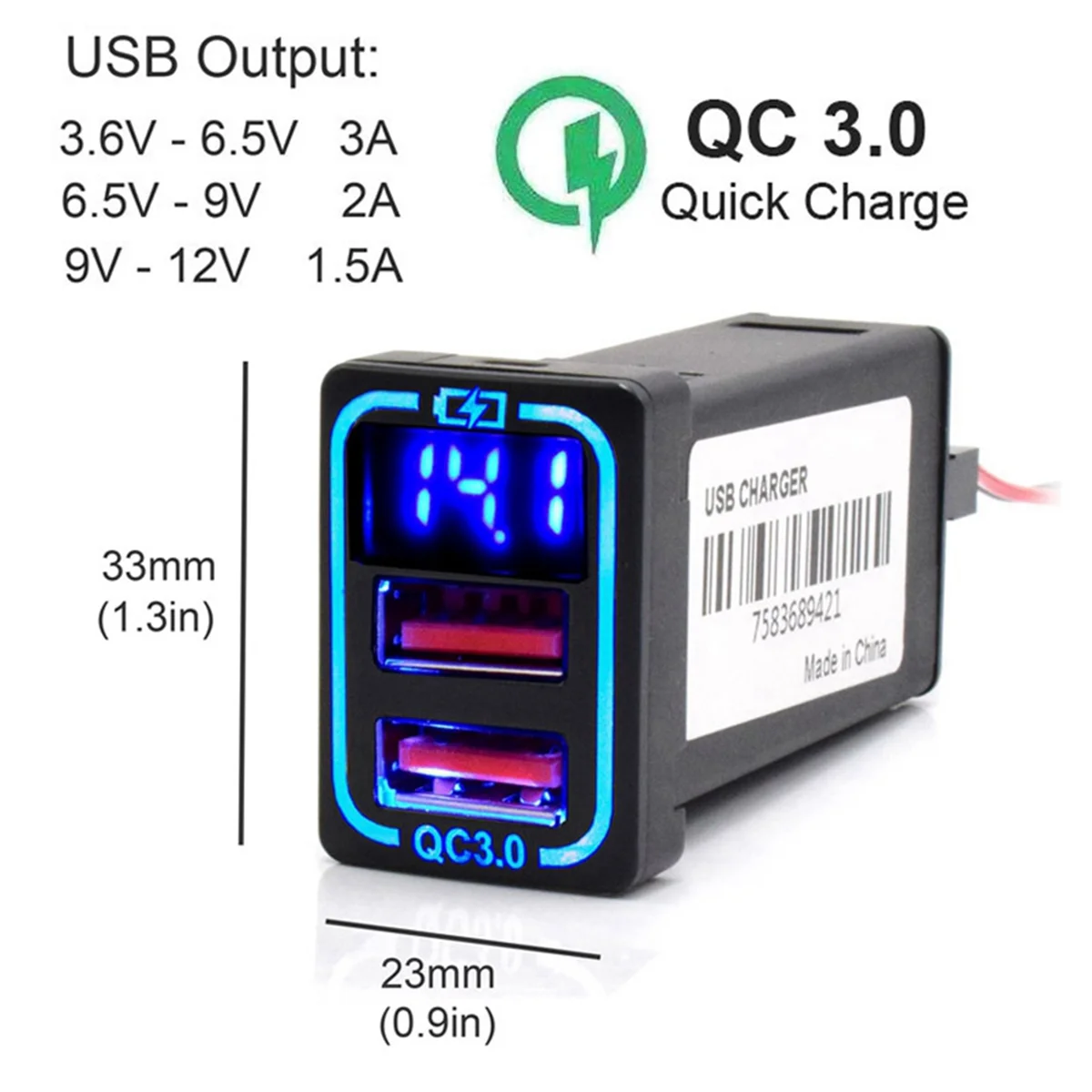 QC3.0 Car USB Port Fast Charger for TOYOTA Camry Land Cruiser 200 RAV4 Corolla Adapter LED Voltmeter Green