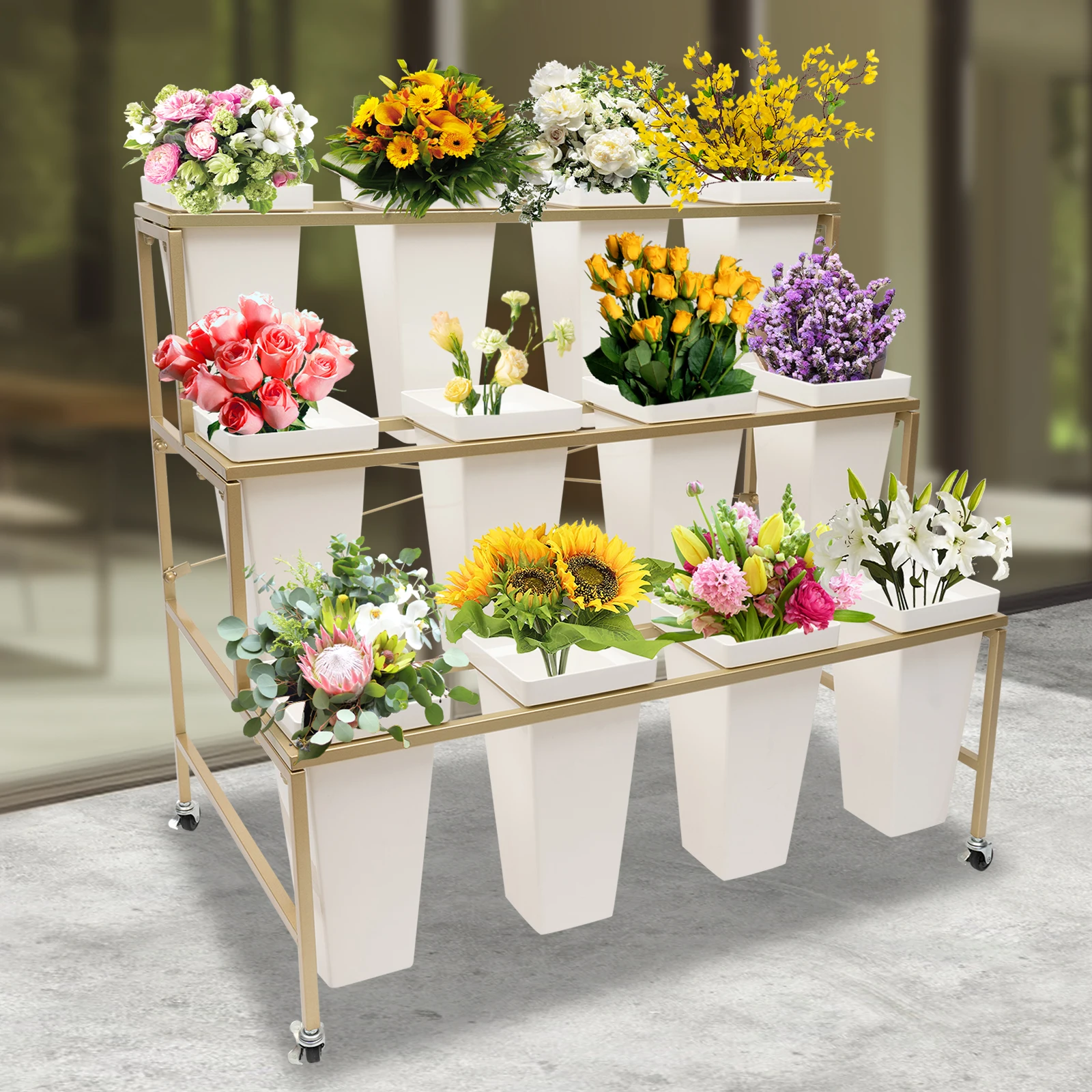 12 Bucket Flower Display Racks with 3 Layers of Metal Suitable for Indoor and Outdoor Terraces, Gardens, and Flower Shops