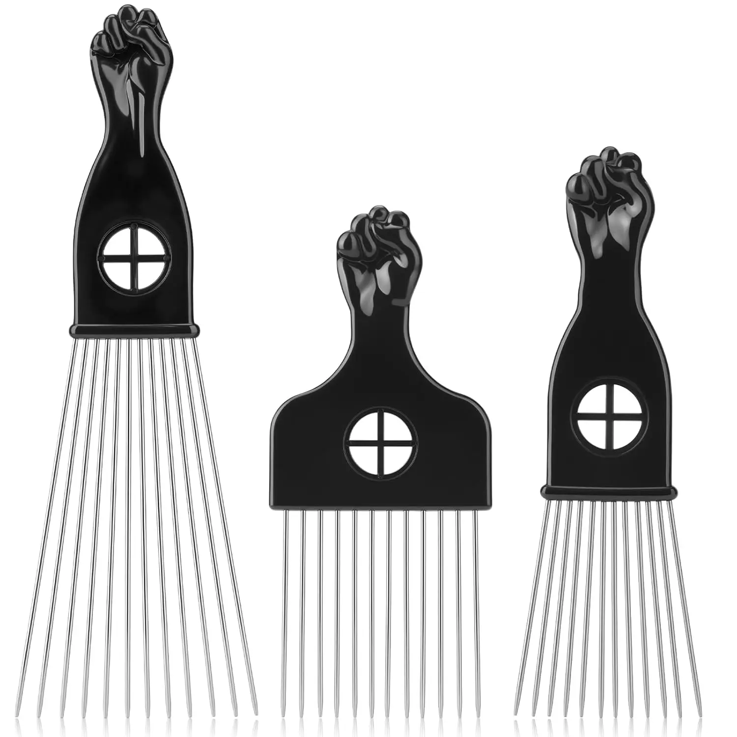 3pcs/2pcs Stainless Steel Afro Hair Pick Set,Hair Picks - Black Metal Afro Combs for Hair Styling, Fist Pick for Women and Men