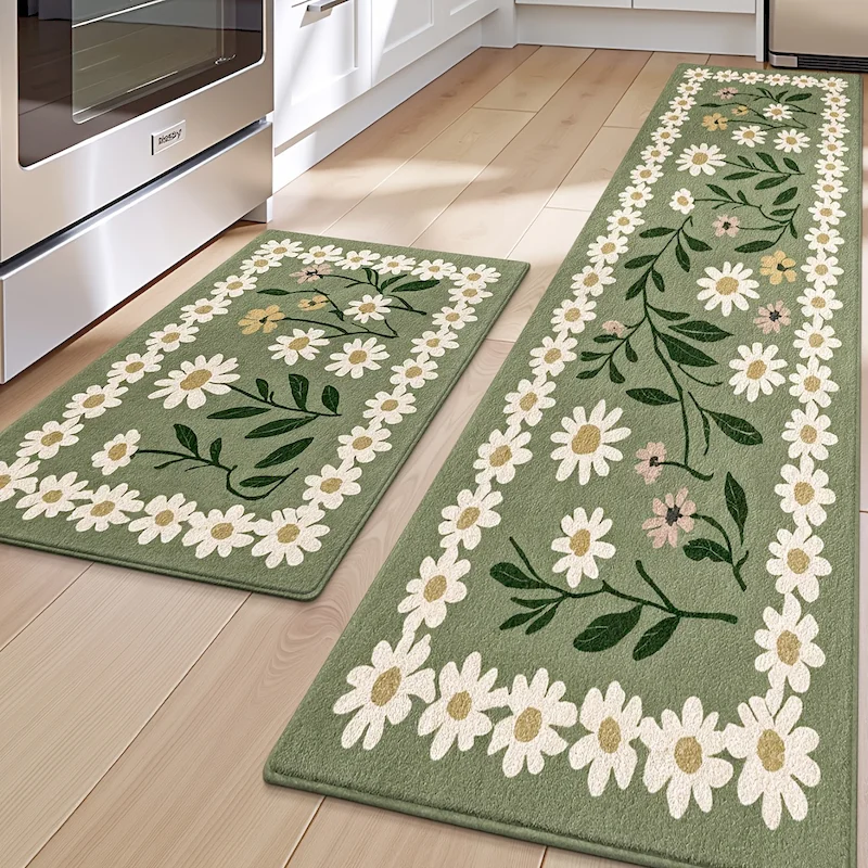 VIKAMA Green And White Daisy Carpet Kitchen Absorbent Non Slip Floor Mat Foyer Cute Floral Printed Carpet Home Decoration