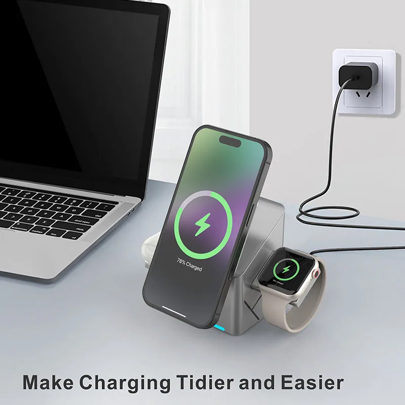2025 Desktop Portable  Qi2 Phone Wireless Fast Charging Stand Magnetic Foldable 3 in 1 Cube Wireless Charger Dock view 3