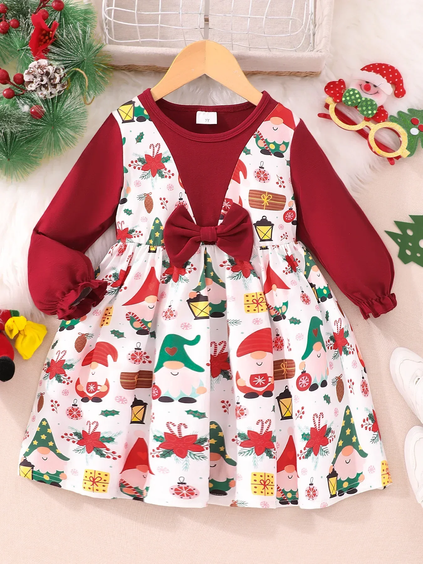 Primavera autunno ragazze abiti 2024 natale bambini abbigliamento manica lunga fiocco falso due pezzi ragazze colorate vestito per bambini ragazze