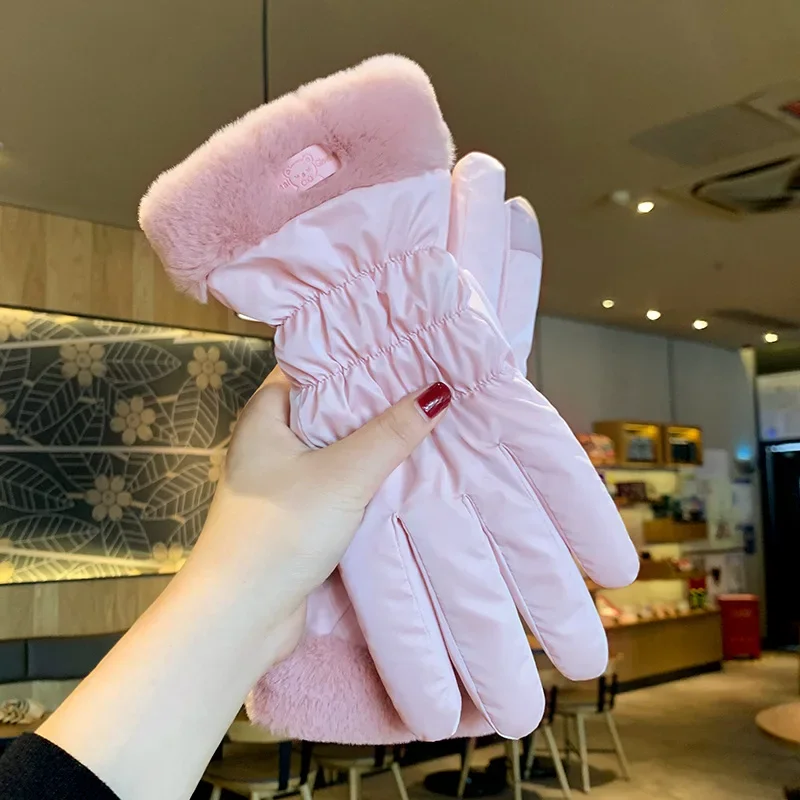 Skihandschuhe für Damen, Winter, Fleece, verdickt, warm, Plüsch, Baumwolle, wasserdicht, Touchscreen-Handschuhe für Outdoor-Reiten, Bergsteigen