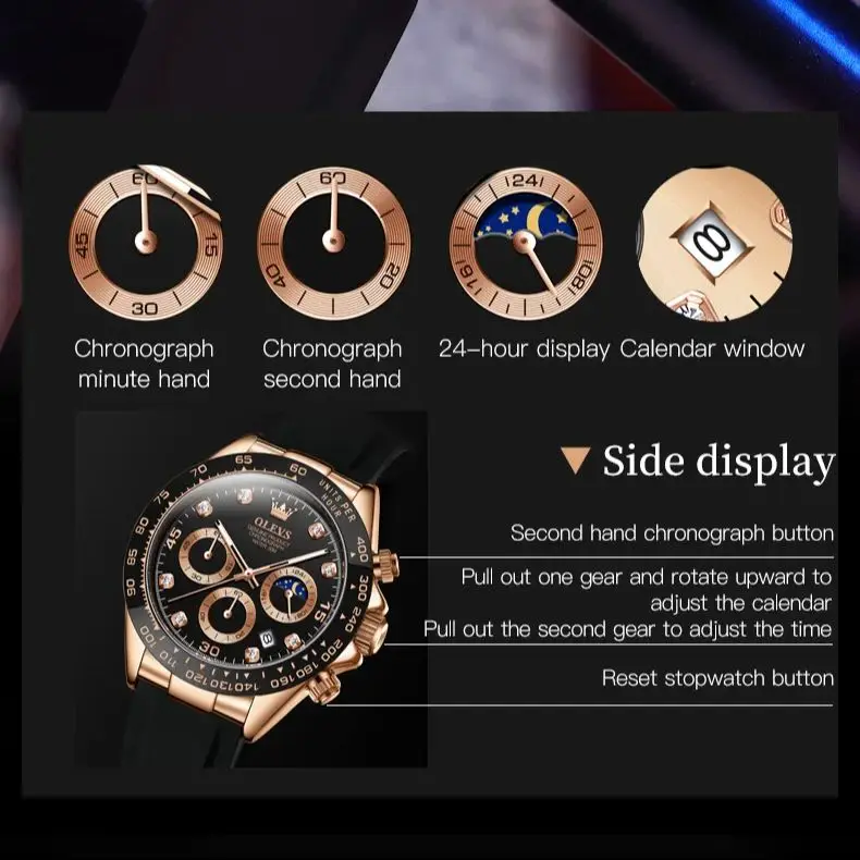 OLEVS 2875 Luxury Brand Wristwatch for Men Chronograph Silicone Strap Waterproof Quartz Watch for Man Moon Phase Man Watch Trend