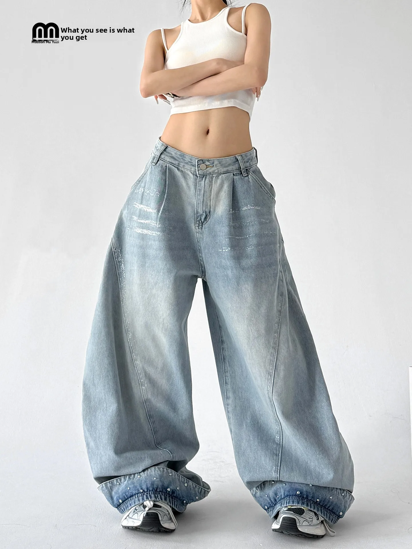 

Новые женские широкие джинсы-клеш весна-лето, удлиненные брюки в пол, с высокой талией, светло-голубые, базовый стиль