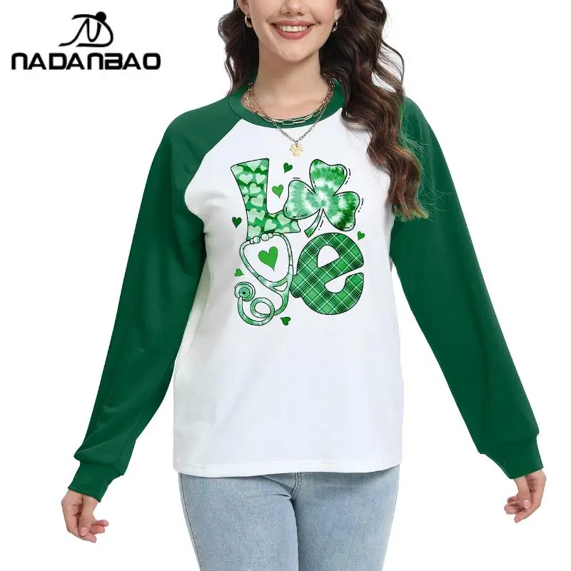 Nadanbao Women's Color Blocking Hoodies Long Sleeved Top Green Round Neck Summer Comfortable Top Fashionable Clothing Pullover