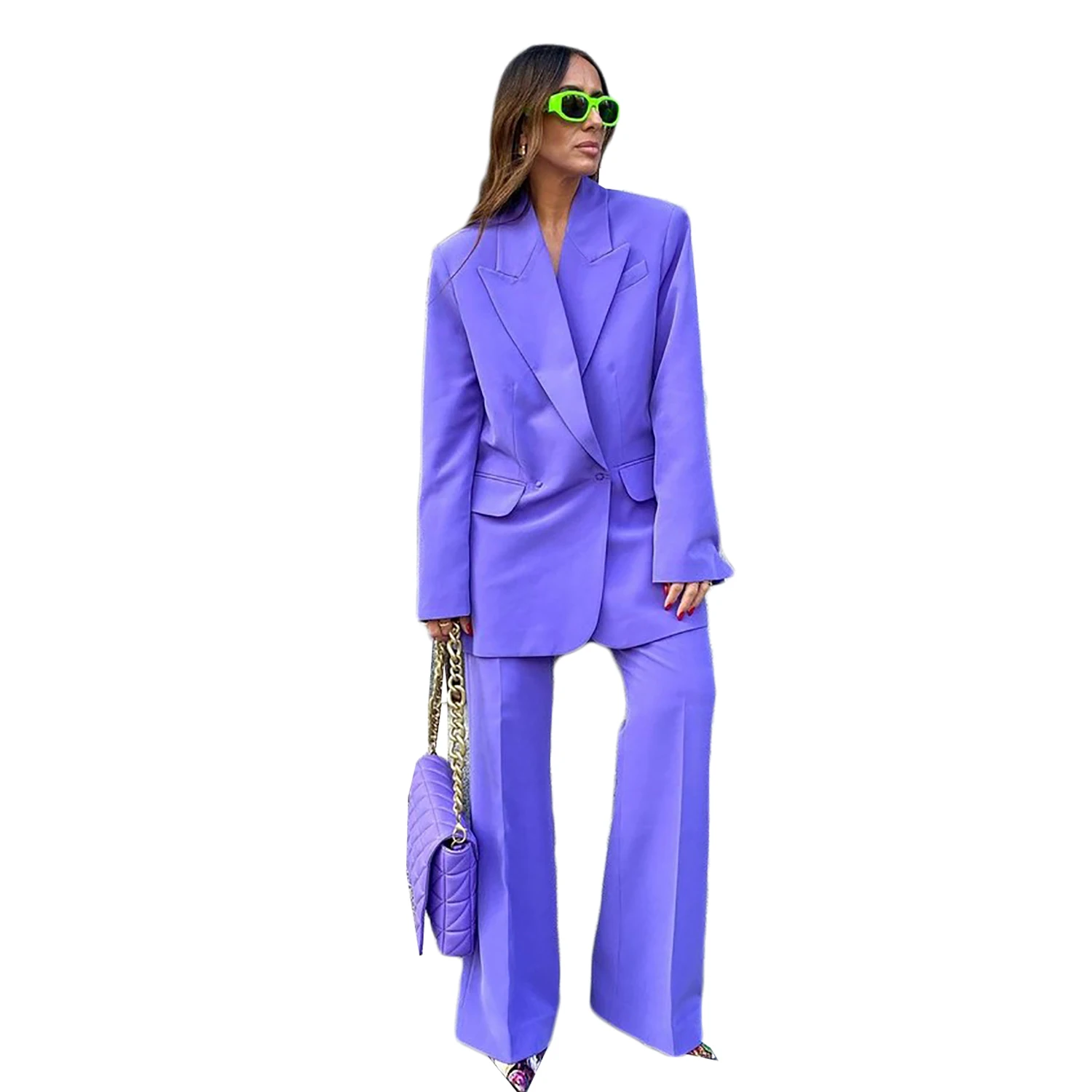 Spring Purple Women Pants Suits Double Breasted Female Streetwear Sportswear Two Pieces Jacket Blazer Sets