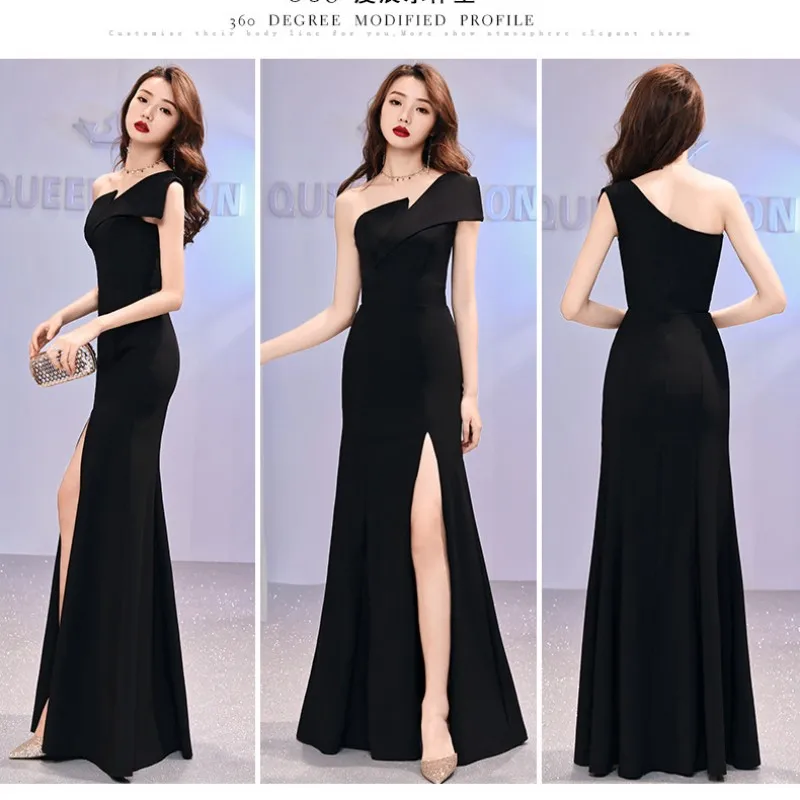 HPSN-9049#Bridesmaid Dress Long Black Burgundy Wedding Toast Bride Marriage Cheap Wholesale On Shoulder Slit Dress Direct Deal