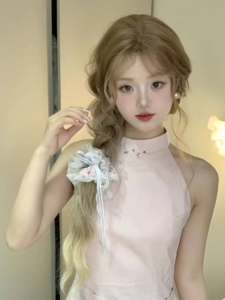 فساتين هاراجوكو للسيدات ذات رسن متين Y2k فستان حلو بحزام جمالي 2025 ملابس صيفية ضيقة مع رسن مطوي Vestitos