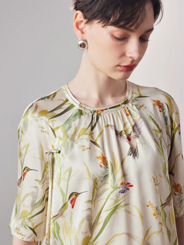 SuyaDream, damskie bluzki w kwiaty, 90% jedwab 10% spandex, okrągły dekolt, letnie koszule w stylu vintage, elegancki top na wiosnę i jesień 2025, żółty