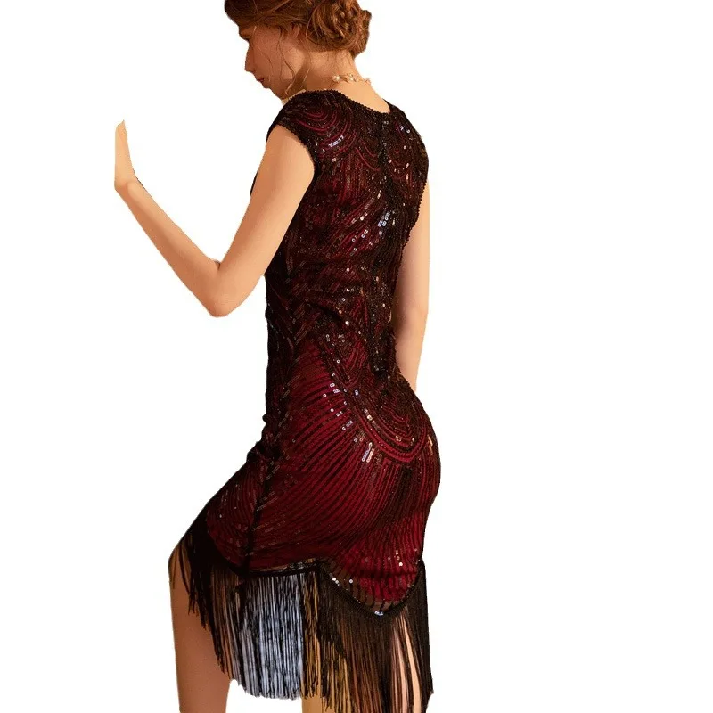 새로운 패션 섹시 빈티지 스팽글 라운드넥 가운 성인 여성 핫 태슬 파티 및 디너 우아한 여성 민소매 화려한 드레스