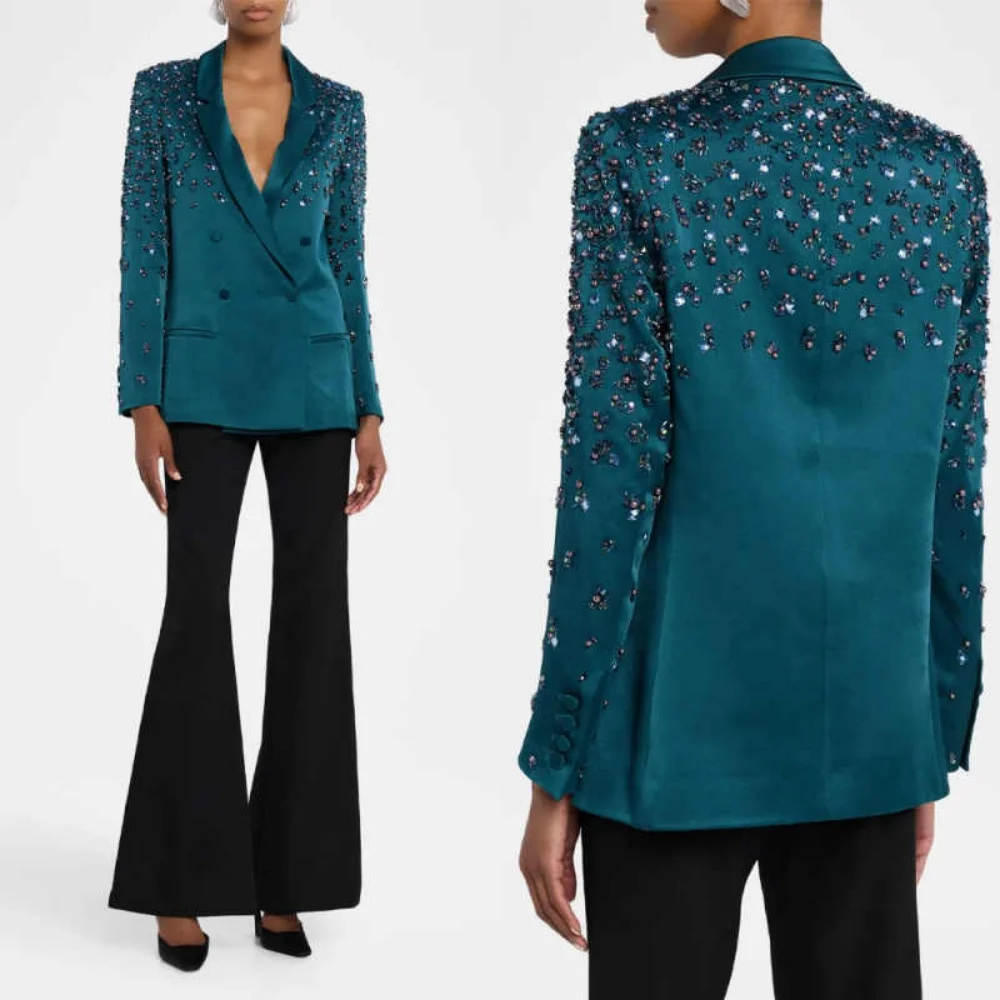 

Fashion Women's Suit 2 Piece Jacket Pants Notch Lapel Double Breasted Crystal Beading Office Business Occasion Customized