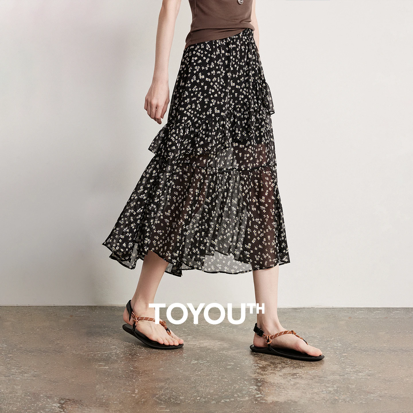 TOYOUTH Women Chiffon Skirt 2026 Spring New Country Style Light and Flowing Floral Print Layered Ruffled Skirt