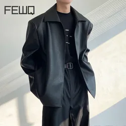 FEWQ Autumn Winter Men PU Leather Jacket 2023 Turn-down Collar Solid Color Long Sleeve Male Tops Korean Fashion Darkwear 24X3088