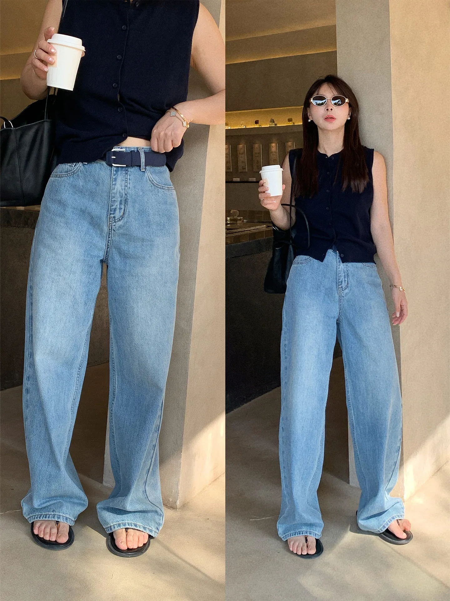 

Spring Summer Light Blue Washed Straight Leg Jeans Women's Trousers Commute Comfortable Fashionable Slim Fit Long Pants