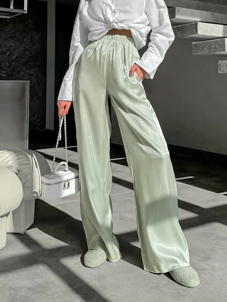 Pantalon en fil de loisirs à la mode, couleur unie dorée, taille moyenne, bande élastique, multifonctionnel, ajustement confortable, été 2025