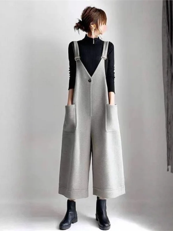 Loose High Waist ey Lazy Sle Japanese Iuenced Women's Overalls with kets Nine-Tenths Strap Pants Autumn Winter