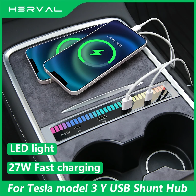 

Herval USB Shunt Hub For Tesla Model 3 Y 27W Quick Charger LED Intelligent Docking Station Powered Splitter Extension Type-C