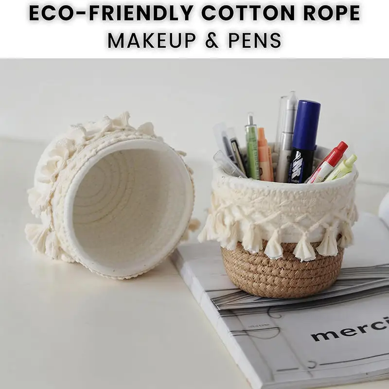 수제 보헤미안 시크 메이크업 브러시 홀더, 듀얼톤 직조 화장품 보관 바구니 태슬 디테일, 가벼운 핫 세일