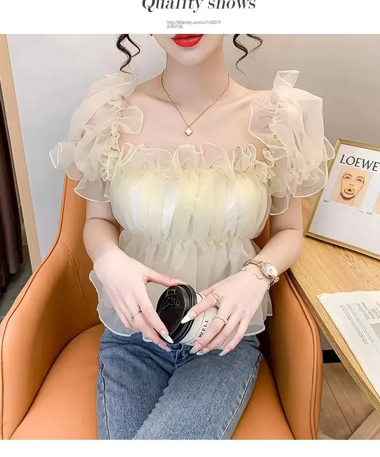 Falbankowa bluzka na jedno ramię, słodka, super wróżkowa, bufiaste, odkryte ramiona, dopasowana, bufiaste rękawy, szyfonowa koszula.