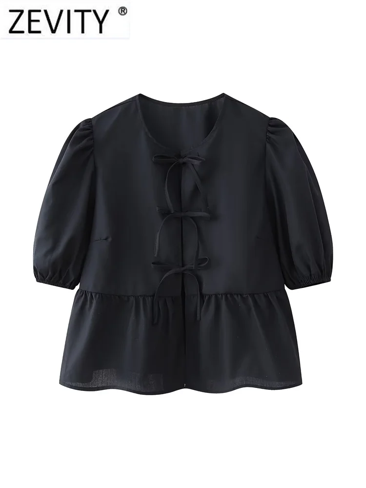 Zevity Women Sweet Black White Color Bow Tied Smock Blouse Female Chic Pleats Puff Sleeve Casual Ruffles Shirt Blusas Tops LS307