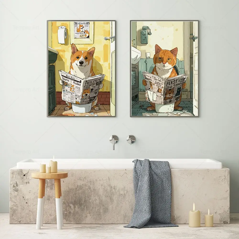 

Funny Bathroom Dog Cat Animal Sitting on The Toilet Reading A Newspaper Poster Canvas Painting Print Wall Art Picture Home Decor