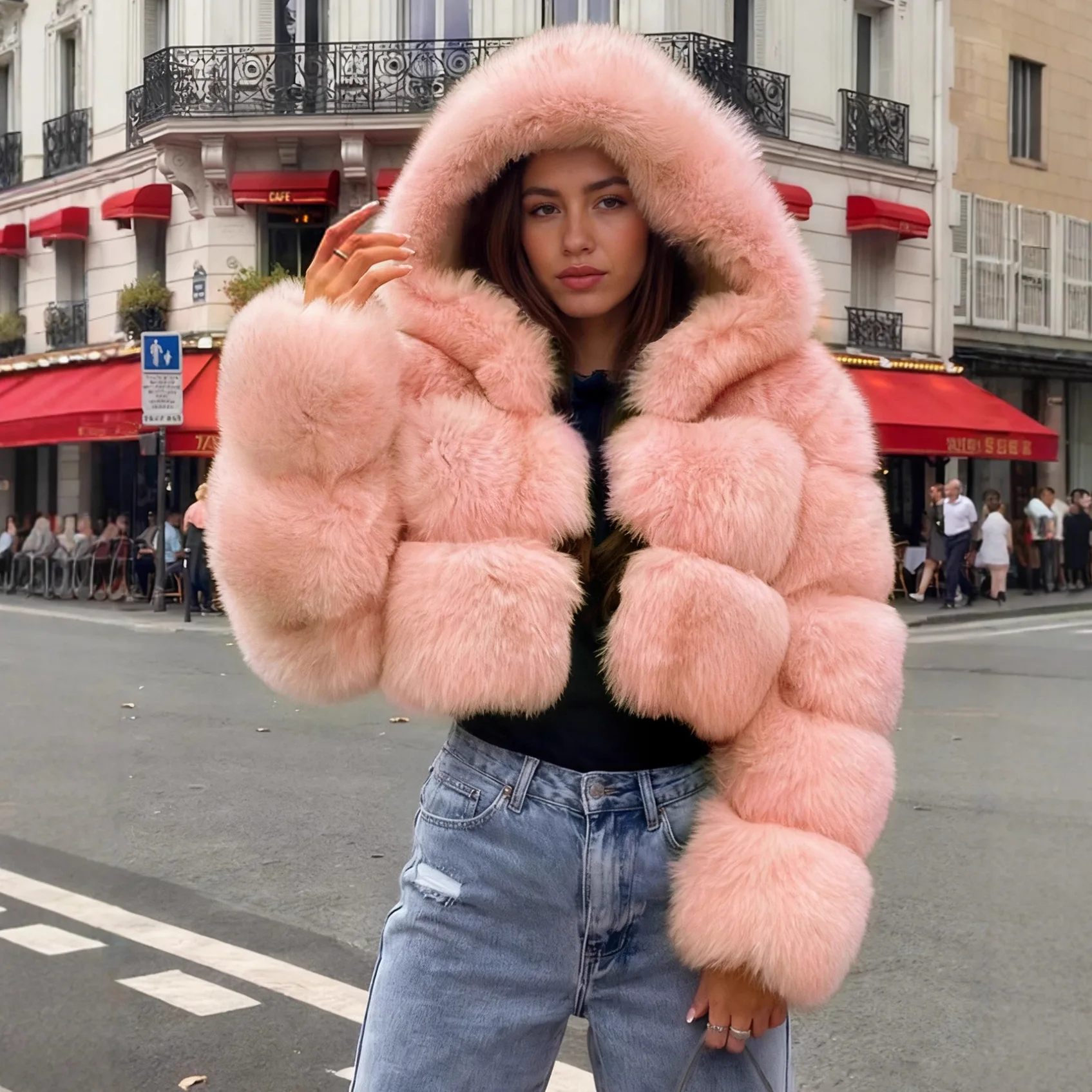 معاطف نسائية بقلنسوة من الفرو الصناعي سترات قصيرة متينة بطول صغير وأكمام طويلة بغرز مفتوحة مستقيمة مناسبة غير رسمية لخريف وشتاء 2025