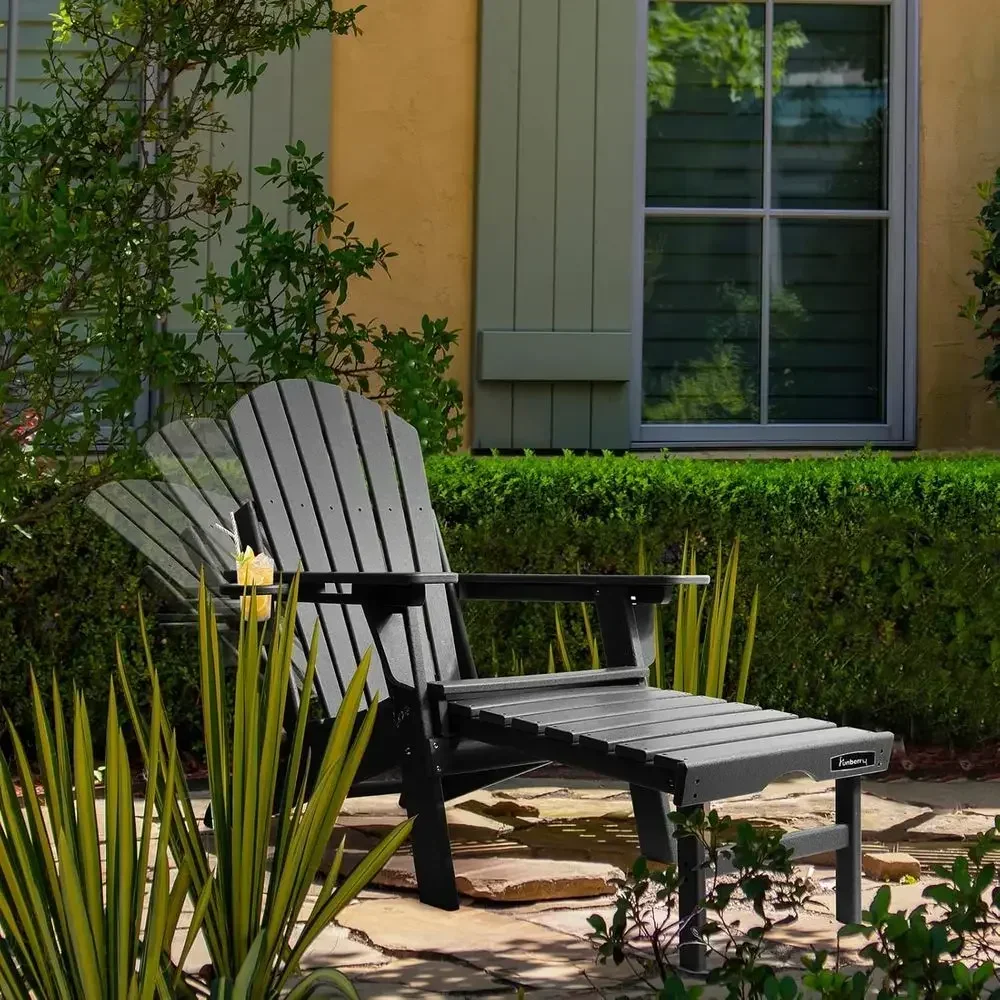 Versatile Folding Adirondack Chair with Pull-Out Ottoman, Weather-Resistant Outdoor Fire Pit Seating with Drink Holder