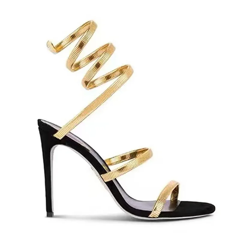 

Новые европейские и американские модные универсальные женские сандалии на высоком каблуке с круглой головкой и тонком каблуке в форме змеи
