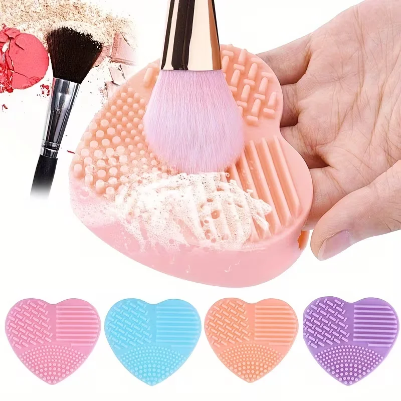 Heart-Shaped Makeup Brush Cleaner Tool Pink Silicone Pad Handheld Cosmetic Removal Mat Suitable For All Make Up Brushes Cleaning