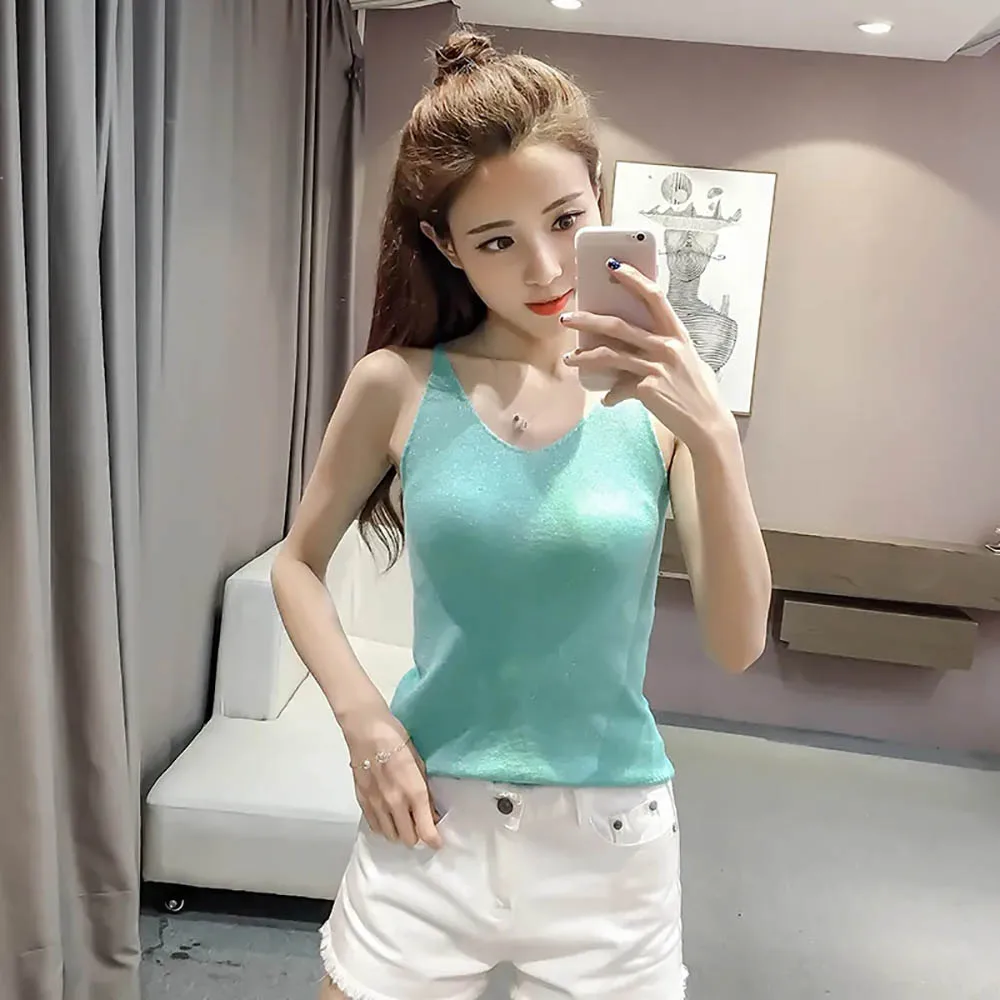 Nice 2022 Woman Sexy V Neck Sleeveless Vest T Shirt Knitted Top Tank Women Summer Ladies Slim Strap Short V-neck Camisole Tops V