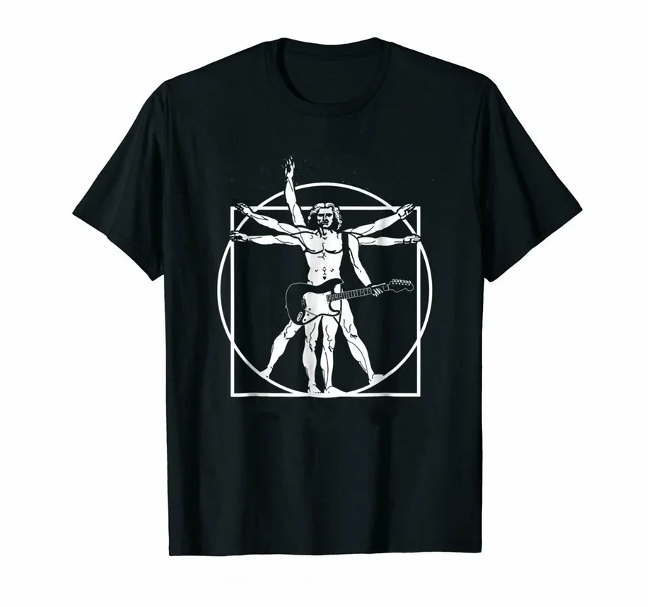 Black Da Vinci Guitar Man, Vitruvian Man Guitarist New Arrival Informal fashion T Shirt Parody 100% Cotton Big Tall Streetwear