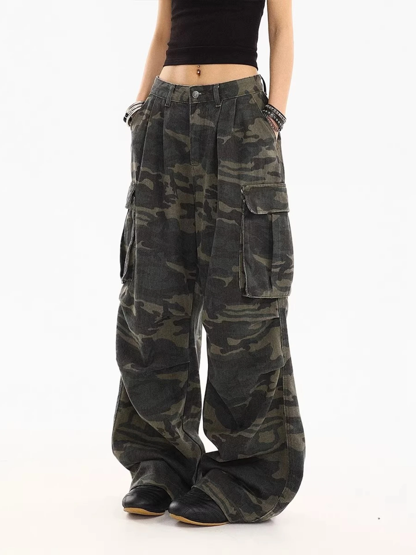 Casual High Waist Wide Leg Camouflage Workwear Jeans Women's American Retro High Street Trend Loose Straight Cut Denim