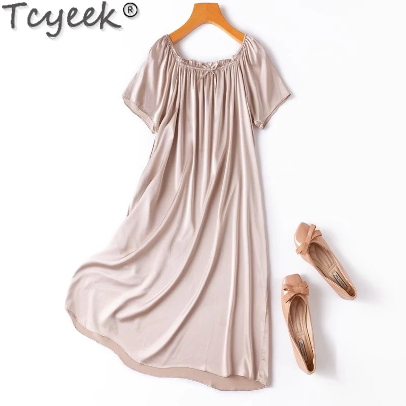 Tcyeek 93% Mulberry Silk Nightgrowns 2024 Night Dress Mini Dresses Sleepwear Women Clothes Summer Short Sleeve Dress for Ladies