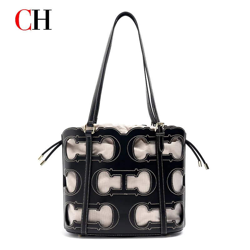 CH Tote Bag Women Hollow Cutout Logo Drawstring Bucket Design Top Handle Shoulder Handbag Large Capacity Daily Shopping Purse