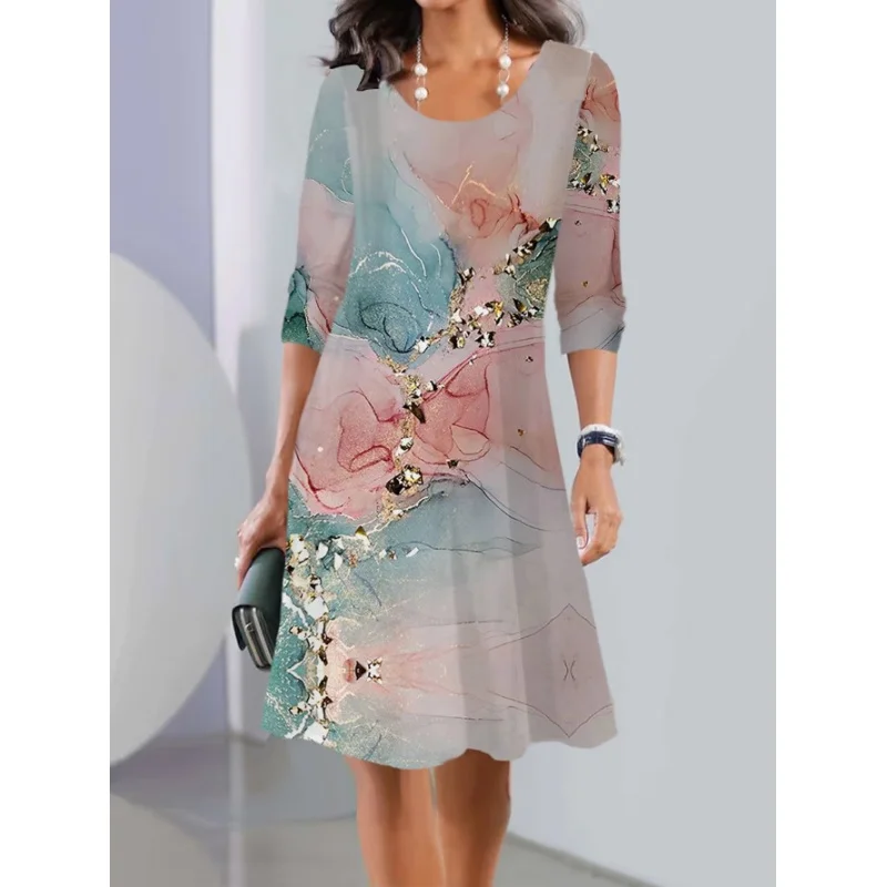 2025 Autumn/Winter New print plus-size long-sleeve round neck midi women's fashion dress A002