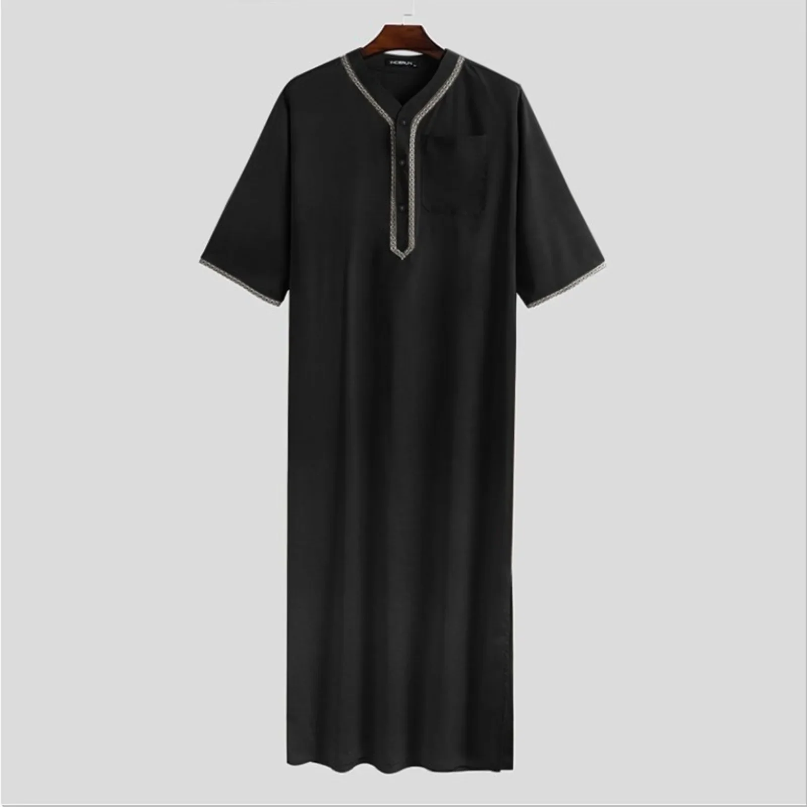 Männer Vintage halbe Ärmel muslimischen Kaftan Roben Freizeit V-Ausschnitt gedruckt Galabia Thobe solide Patchwork arabische Kleidung plus Größe S-5XL