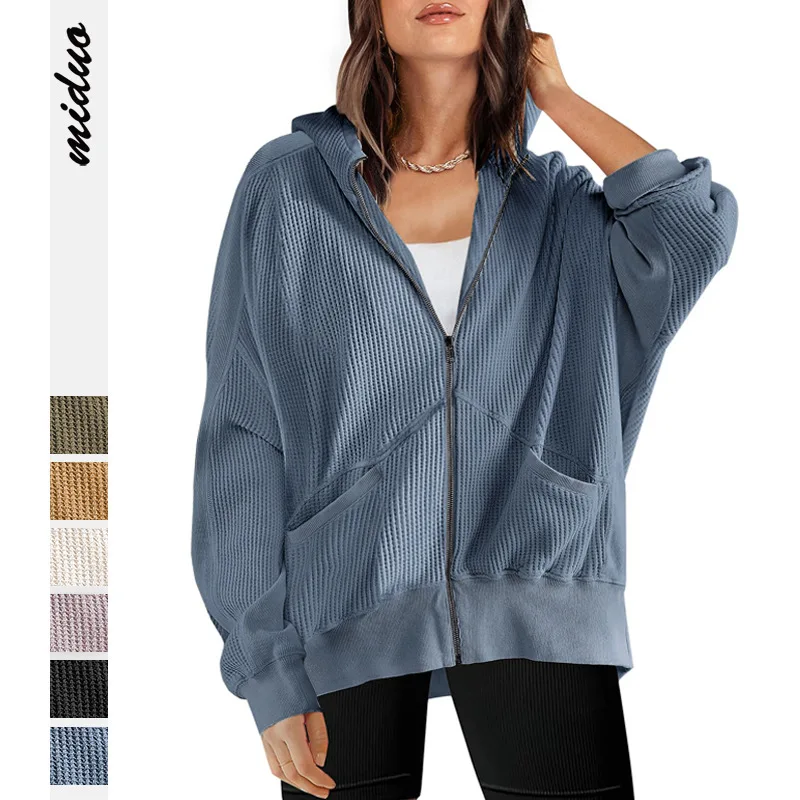 

Spring Autumn Female Hoodie Jacket Women's Solid Color Zipper Sweat Jacket Lady's Pocket Waffle Casual Coats For Women Jacket