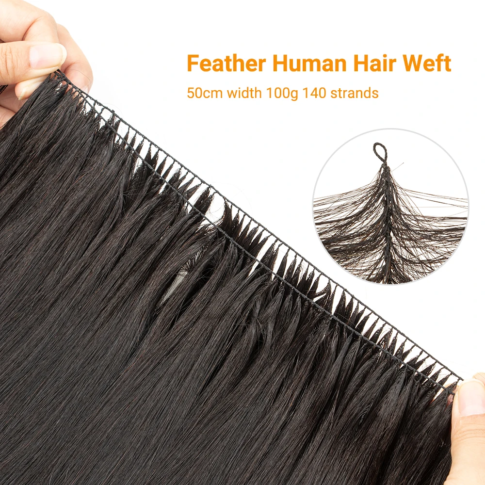 Isheeny-extensiones de cabello humano con trama de plumas, mechones invisibles personalizados de 100g, 16-22 pulgadas, 50cm de ancho, 140 hebras